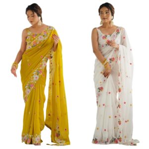 Women's Georgette Embroidered Saree With Unstitched Blouse
