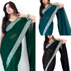 Women's Georgette Solid Ready To Wear one Minute Saree With Unstitched Blouse Piece