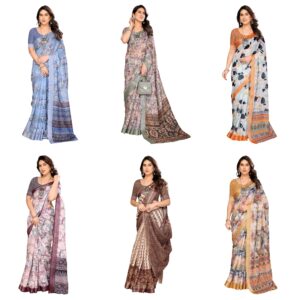 Women's Cotton Linen Blend Lining Digital Printed Saree With Unstitched Blouse Piece