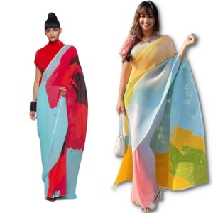 Women's Full Crushed Digital Printed Pure Georgette Saree With Unstitched Blouse Piece