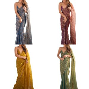 Women's Chiffon Checkered Printed Saree With Unstitched Blouse Piece