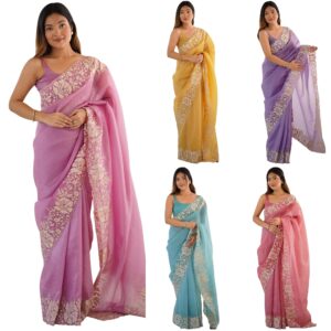 Women's Tissue Embroidered Saree With Unstitched Blouse Piece