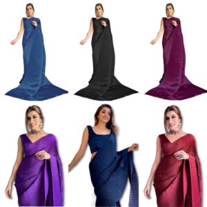 Women's Full Crushed/Pleated Satin Saree With Unstitched Blouse Piece