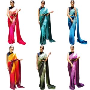 Women's Chinon Ready To Wear 1 Minute Pre Draped saree With Unstitched Blouse Piece