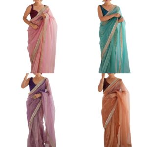 Women's Shimmer Net Solid Saree With Unstitched Blouse Piece