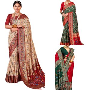 Women's Patola Silk Peacock Woven Design Zari Work Saree With Unstitched Blouse Piece