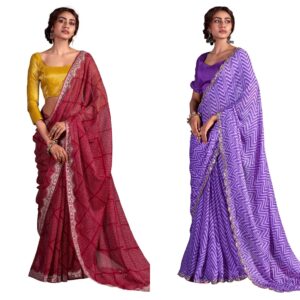 Women's Chiffon Bandhani Printed Saree with Unstitched Blouse Piece