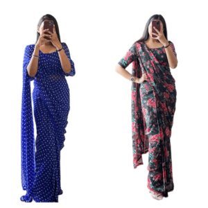 Women's Georgette Digital Printed Ready To Wear one Minute Saree With Unstitched Blouse Piece (Ready To wear Georgette)