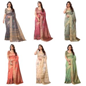 Women's Assam Cotton Silk Golden Boarder Thread Embroidered Saree With Unstitched Blouse Piece