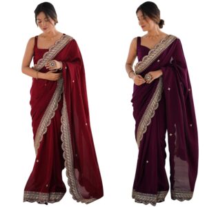 Women's Vichitra Silk Embellished Saree With Unstitched Blouse Piece