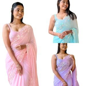 Women's Peach Georgette Sequins Embellished Saree with Unstitched Blouse Piece