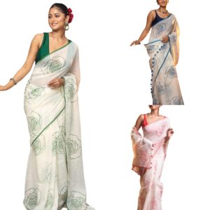 Women's Cotton Blend Floral Print Saree With Tassel Detailing & Comes With Unstitched Blouse Piece