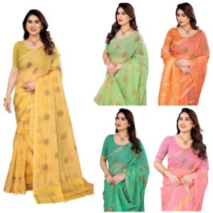 Women's Kota Doria Cotton Manipuri Bandhani/Bandhej Printed Saree With Unstitched Blouse Piece
