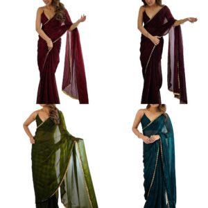 Women's Chiffon Checkered Printed Saree With Unstitched Blouse Piece