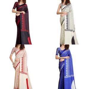 Women's Satin Striped Printed Saree With Unstitched Blouse Piece