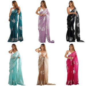 Women's Shimmer Organza Sequence Embroidery Saree With Unstitched Blouse Piece