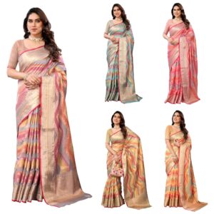 Women's Organza Golden Zari Jacquard Boarder & Pallu ZigZag Saree With Unstitched Blouse Piece