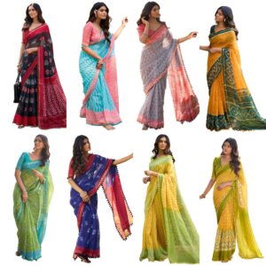 Women's cotton Geometric Printed Saree With Unstitched Blouse