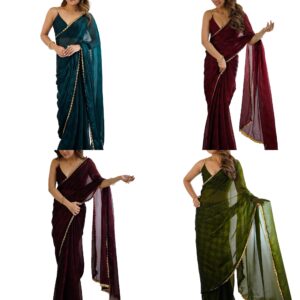 Women's Chiffon Checkered Printed Saree With Unstitched Blouse Piece