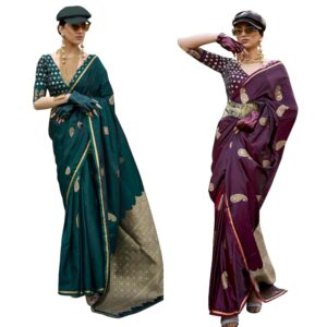 Women's Purple Satin Silk Woven Design Saree with Unstitched Blouse Piece