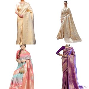 Women's Cotton Silk Botanical Woven Design Saree With Unstitched Blouse Piece