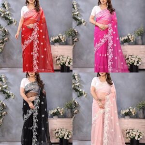 Women's Shining Net Embroidered Saree With Unstitched Blouse Piece
