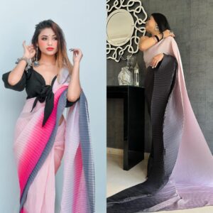 Women's Full Crushed/Pleated Georgette Saree With Unstitched Blouse Piece