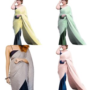 Women's Pleated/Crushed Plain Chinon Saree With Unstitched Blouse Piece