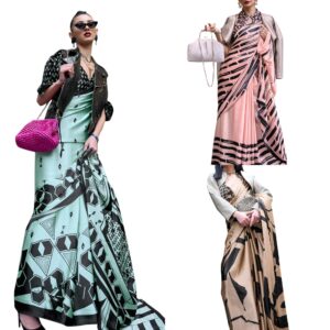 Women's Satin Abstract Printed Saree With Unstitched Blouse Piece