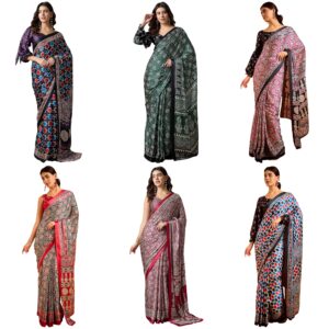 Women's Multicolor Crepe Ajrak Printed Saree With Unstitched Blouse