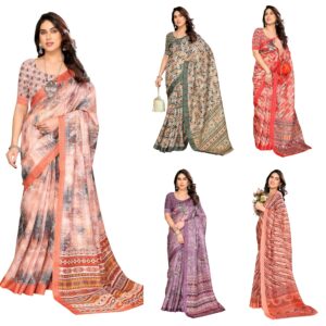 Women's Cotton Linen Blend Checks Digital Printed Saree With Unstitched Blouse Piece