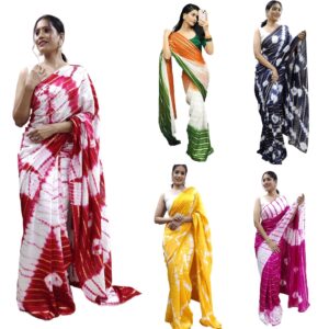 Women's Nylon Hand Printed Tri Colour Saree With Unstitched Blouse Piece