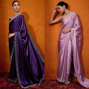Women's Satin Silk Hot Fix Solid Saree With Unstitched Blouse Piece