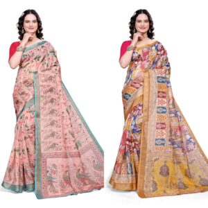 Women's Cotton Blend Printed Saree with Silver Zari Checks & Comes With Unstitched Blouse Piece