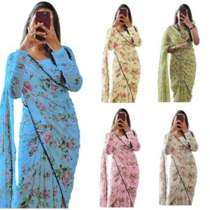 Women's Georgette Digital Printed Ready To Wear one Minute Saree With Unstitched Blouse Piece