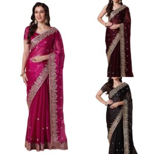 Women's Multicolor Organza Embroidered Saree With Unstitched Blouse Piece